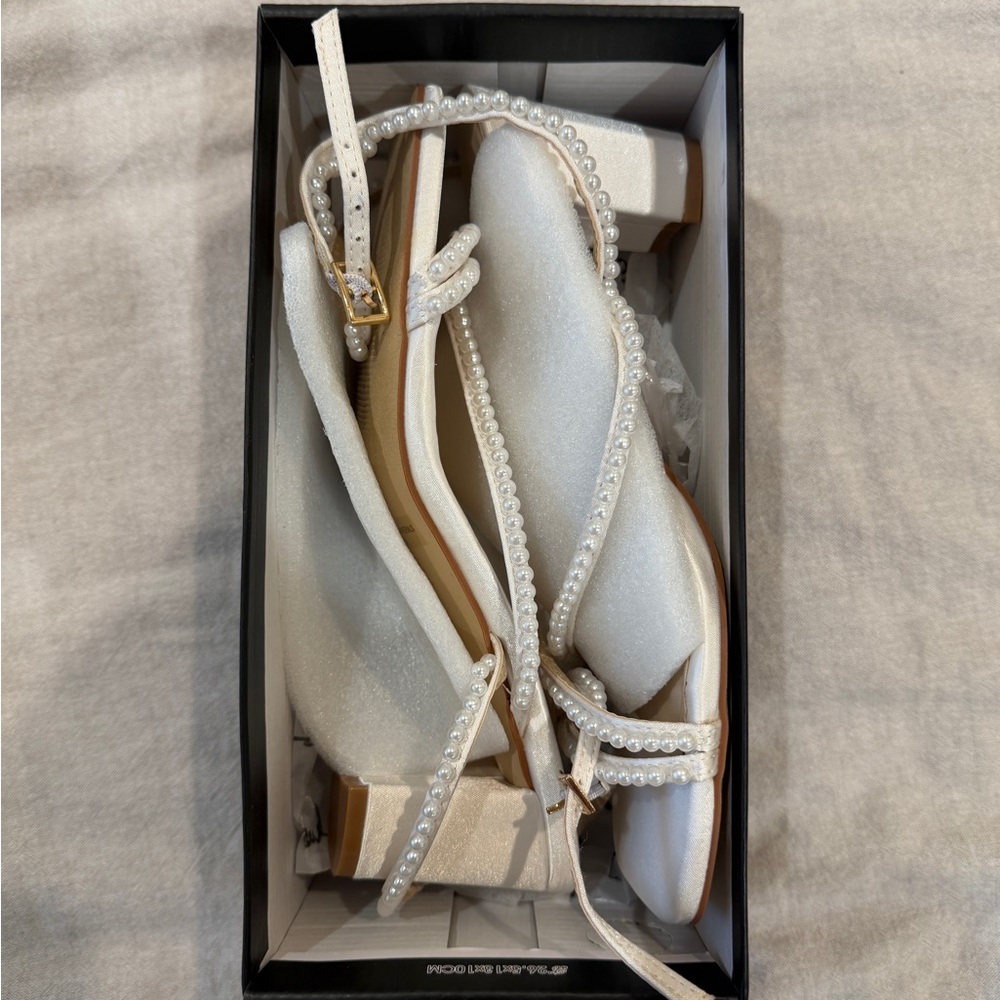 Lulu’s Makenna White Pearl Satin Strappy Ankle Strap Low Heel Sandals - Size 8